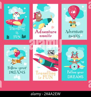 Jeu de cartes vectorielles avec animaux pilotes et citations inspirantes sur le voyage. Mignonne renard raton laveur ours cerf et lapin volant dans un avion Illustration de Vecteur