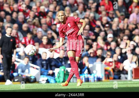 Liverpool, Royaume-Uni. 01st octobre 2022. Fabinho de Liverpoolin en action. Match Premier League, Liverpool v Brighton & Hove Albion à Anfield à Liverpool le samedi 1st octobre 2022. Cette image ne peut être utilisée qu'à des fins éditoriales. Utilisation éditoriale uniquement, licence requise pour une utilisation commerciale. Aucune utilisation dans les Paris, les jeux ou les publications d'un seul club/ligue/joueur. photo par Chris Stading/Andrew Orchard sports Photography/Alamy Live News crédit: Andrew Orchard sports Photography/Alamy Live News Banque D'Images