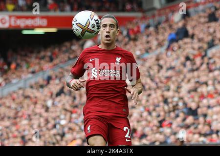 Liverpool, Royaume-Uni. 01st octobre 2022. Kostas Tsimikas de Liverpool en action. Match Premier League, Liverpool v Brighton & Hove Albion à Anfield à Liverpool le samedi 1st octobre 2022. Cette image ne peut être utilisée qu'à des fins éditoriales. Utilisation éditoriale uniquement, licence requise pour une utilisation commerciale. Aucune utilisation dans les Paris, les jeux ou les publications d'un seul club/ligue/joueur. photo par Chris Stading/Andrew Orchard sports Photography/Alamy Live News crédit: Andrew Orchard sports Photography/Alamy Live News Banque D'Images