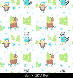 Motif vectoriel sans coutures avec cerf, raton laveur et patinage sur glace de chouette. Arrière-plan d'hiver, papier peint, tissu, papier d'emballage. Illustration de Vecteur
