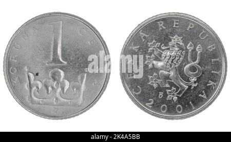 1 Tchèque Crown (CZK) pièce de monnaie avec les deux côtés sur fond blanc isolé Banque D'Images