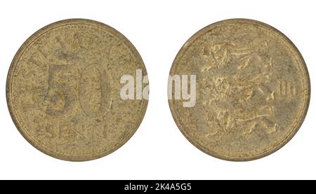 50 pièce de monnaie estonienne eesti senti crwon (EEK) avec les deux côtés sur fond blanc isolé Banque D'Images
