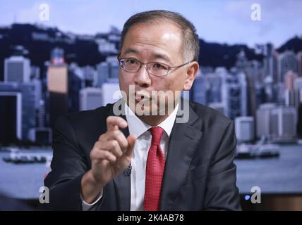 Eddie Yue Wai-man, Directeur général de l'Autorité monétaire de Hong Kong, au bureau du SCMP à Causeway Bay. 28SEP22. SCMP / TSE de mai Banque D'Images