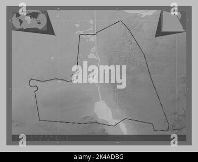 Al Isma'iliyah, gouvernorat de l'Égypte. Carte d'altitude en niveaux de gris avec lacs et rivières. Cartes d'emplacement auxiliaire d'angle Banque D'Images