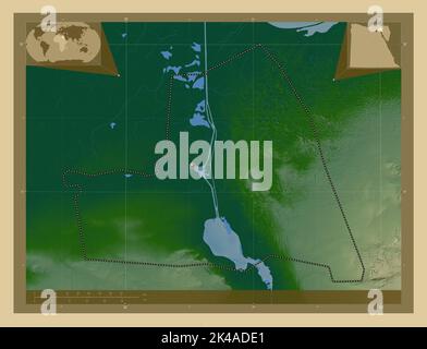 Al Isma'iliyah, gouvernorat de l'Égypte. Carte d'altitude en couleur avec lacs et rivières. Cartes d'emplacement auxiliaire d'angle Banque D'Images