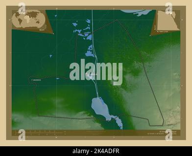 Al Isma'iliyah, gouvernorat de l'Égypte. Carte d'altitude en couleur avec lacs et rivières. Lieux et noms des principales villes de la région. Coin auxiliaire Banque D'Images