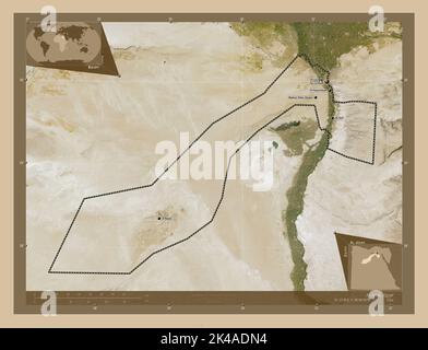 Al Jizah, gouvernorat de l'Égypte. Carte satellite basse résolution. Lieux et noms des principales villes de la région. Cartes d'emplacement auxiliaire d'angle Banque D'Images