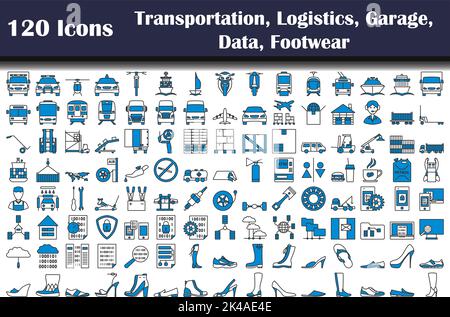 120 icônes des transports, de la logistique, du garage, des données, des chaussures. Contour gras modifiable avec Color Fill Design. Illustration vectorielle. Illustration de Vecteur