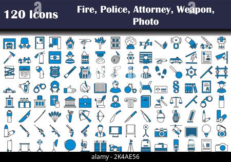 120 icônes d'incendie, de police, d'avocat, d'arme, de photo. Contour gras modifiable avec Color Fill Design. Illustration vectorielle. Illustration de Vecteur