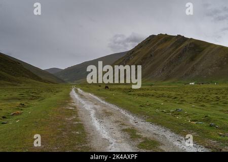 Piste de terre menant à la vallée de Karkyra, Kirghizistan Banque D'Images