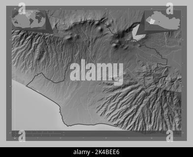 Sonsonate, département d'El Salvador. Carte d'altitude en niveaux de gris avec lacs et rivières. Cartes d'emplacement auxiliaire d'angle Banque D'Images