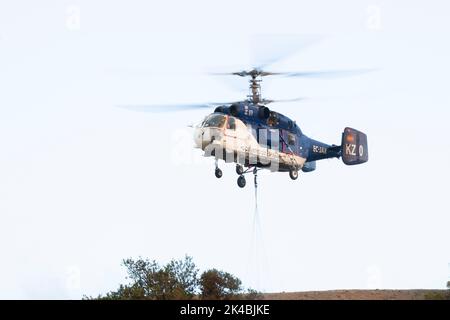 Un hélicoptère Kamov Ka-32 collectant de l'eau alors qu'il combat l'un des plus grands feux de forêt à frapper le sud de l'Espagne Banque D'Images