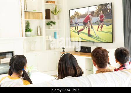 Vue arrière de deux amis assis à la maison et regardant un match de hockey à la télévision. Sport, compétition, divertissement et concept de technologie numérique compo Banque D'Images