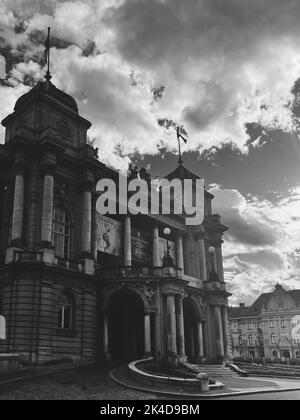 Une photo verticale en niveaux de gris d'un beau bâtiment Banque D'Images