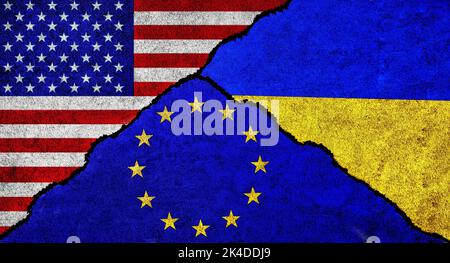 Les États-Unis, l'Union européenne (UE) et l'Ukraine drapeau ensemble. Relations diplomatiques entre l'UE, l'Ukraine et les États-Unis d'Amérique Banque D'Images