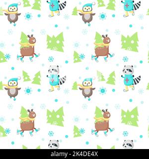 Motif vectoriel sans coutures avec de jolis animaux de patinage sur glace Illustration de Vecteur