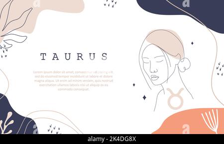 Signe Taurus zodiac. Mise en plan d'une ligne. Icône astrologique avec visage de femme abstrait. Mystère et contour ésotérique. Bannière horizontale d'astrologie Illustration de Vecteur