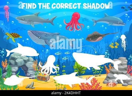 Paysage sous-marin, trouver l'ombre correcte des animaux de mer et des poissons, jeu d'enfants feuille de travail de vecteur. Puzzle de requin, baleine, pieuvre, dauphin, tortue de mer, méduses et raies, paysage du fond de l'océan Illustration de Vecteur