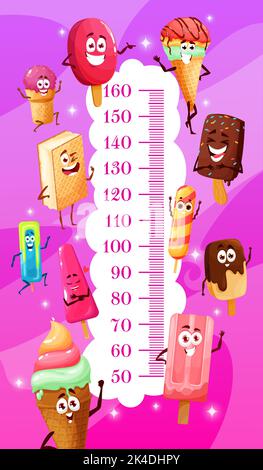 Tableau de hauteur pour enfants caricatures crème glacée cônes personnages. Autocollant de mur de mesure de la hauteur du compteur de croissance vectoriel avec des personnages de cône de gaufre de crème glacée aux fruits, de popsicle, de gelato et d'esquimau drôles Illustration de Vecteur