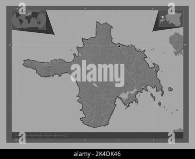 Hiiu, comté d'Estonie. Carte d'altitude à deux niveaux avec lacs et rivières. Cartes d'emplacement auxiliaire d'angle Banque D'Images