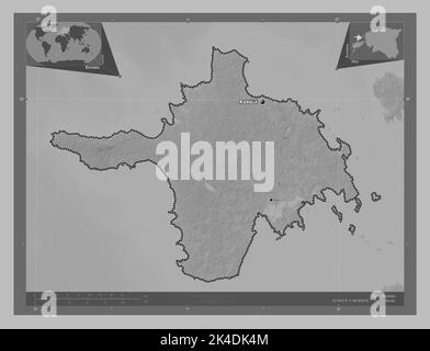 Hiiu, comté d'Estonie. Carte d'altitude en niveaux de gris avec lacs et rivières. Lieux et noms des principales villes de la région. Emplacement auxiliaire d'angle m Banque D'Images