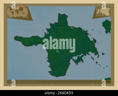 Hiiu, comté d'Estonie. Carte d'altitude en couleur avec lacs et rivières. Lieux des principales villes de la région. Cartes d'emplacement auxiliaire d'angle Banque D'Images