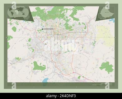 Addis Abeba, ville d'Éthiopie. Ouvrez la carte des rues. Lieux et noms des principales villes de la région. Cartes d'emplacement auxiliaire d'angle Banque D'Images