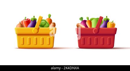 3d panier d'épicerie rouge et jaune rempli de légumes, isolé Illustration de Vecteur