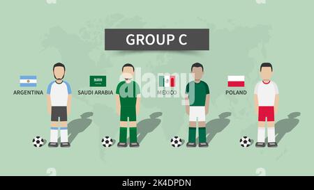 Tournoi de football de la coupe du monde de la fifa au Qatar 2022 . 32 équipes de groupe de stades et de personnage de dessin animé avec des drapeaux de maillot et de pays . Conception plate . Vecteur . Illustration de Vecteur