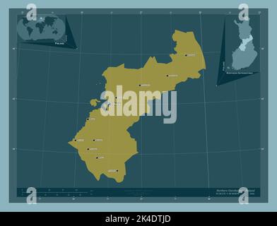 Ostrobothnia du Nord, région de Finlande. Forme de couleur unie. Lieux et noms des principales villes de la région. Cartes d'emplacement auxiliaire d'angle Banque D'Images