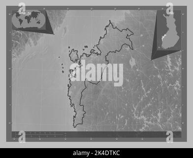 Ostrobothnia, région de Finlande. Carte d'altitude en niveaux de gris avec lacs et rivières. Cartes d'emplacement auxiliaire d'angle Banque D'Images