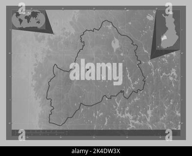 Ostrobothnia du sud, région de Finlande. Carte d'altitude en niveaux de gris avec lacs et rivières. Cartes d'emplacement auxiliaire d'angle Banque D'Images