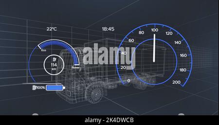 Image du modèle de voiture 3D et du compteur de vitesse sur fond sombre Banque D'Images