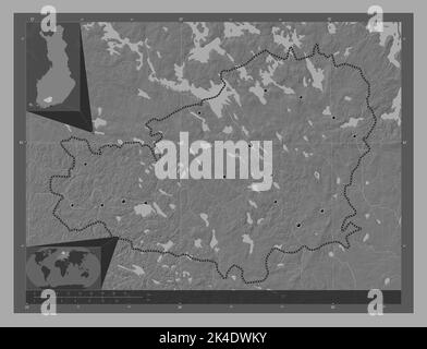 Tavastia proprement dite, région de Finlande. Carte d'altitude à deux niveaux avec lacs et rivières. Lieux des principales villes de la région. Emplacement auxiliaire d'angle ma Banque D'Images