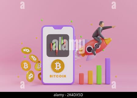 Bitcoin au concept de lune. Crypto-monnaie avec investissement mobile de finance d'entreprise. La fusée de crypto-monnaie Bitcoin s'arrête sur la lune. 3D Renderin Banque D'Images