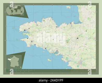 Bretagne, région de France. Ouvrez la carte des rues. Lieux des principales villes de la région. Cartes d'emplacement auxiliaire d'angle Banque D'Images