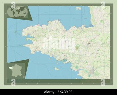 Bretagne, région de France. Ouvrez la carte des rues. Cartes d'emplacement auxiliaire d'angle Banque D'Images