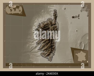 Corse, région de France. Carte d'altitude colorée en tons sépia avec lacs et rivières. Cartes d'emplacement auxiliaire d'angle Banque D'Images