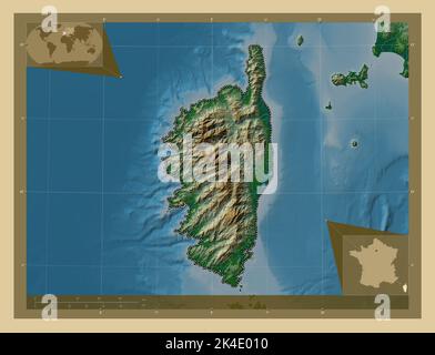 Corse, région de France. Carte d'altitude en couleur avec lacs et rivières. Cartes d'emplacement auxiliaire d'angle Banque D'Images