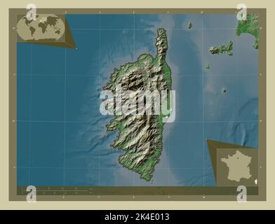 Corse, région de France. Carte d'altitude colorée en style wiki avec lacs et rivières. Cartes d'emplacement auxiliaire d'angle Banque D'Images