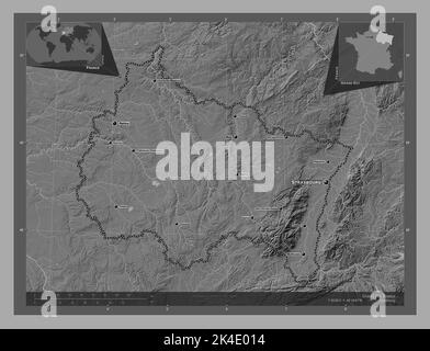 Grand est, région de France. Carte d'altitude à deux niveaux avec lacs et rivières. Lieux et noms des principales villes de la région. Emplacement auxiliaire du coin Banque D'Images