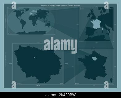 Ile-de-France, région de France. Schéma montrant l'emplacement de la région sur des cartes à plus grande échelle. Composition de cadres vectoriels et de formes PNG sur un sol Banque D'Images