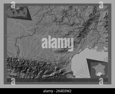 Occitanie, région de France. Carte d'altitude à deux niveaux avec lacs et rivières. Cartes d'emplacement auxiliaire d'angle Banque D'Images