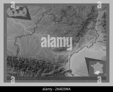 Occitanie, région de France. Carte d'altitude en niveaux de gris avec lacs et rivières. Cartes d'emplacement auxiliaire d'angle Banque D'Images