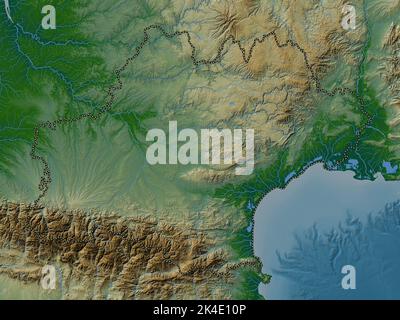 Occitanie, région de France. Carte d'altitude en couleur avec lacs et rivières Banque D'Images