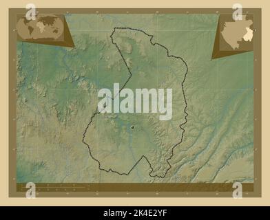 Haut-Ogooue, province du Gabon. Carte d'altitude en couleur avec lacs et rivières. Cartes d'emplacement auxiliaire d'angle Banque D'Images