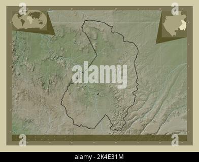 Haut-Ogooue, province du Gabon. Carte d'altitude colorée en style wiki avec lacs et rivières. Cartes d'emplacement auxiliaire d'angle Banque D'Images