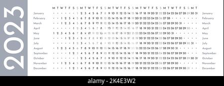 Modèle de calendrier linéaire simple gris pour 2023 avec début de semaine le lundi Illustration de Vecteur