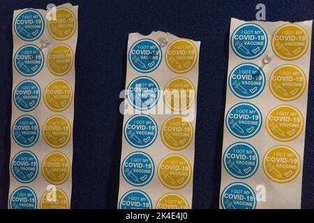 Londres, Royaume-Uni 1 octobre 2022 : dans le cadre de la campagne de rappel d'automne pour les vaccinations contre les covid, le centre de santé Akerman dans le sud de Londres gère une clinique spéciale le samedi avec de nombreux intendants volontaires pour faire vacciner autant de personnes que possible. Les patients peuvent prendre un autocollant disant : « J'ai reçu mon vaccin Covid-19 ». Le nombre de cas et les admissions en hospice à coronavirus ont augmenté considérablement au cours des dernières semaines et on craint une double-merme de covid-19 et de maladies de la grippe cet hiver. Anna Watson/Alay Live News Banque D'Images