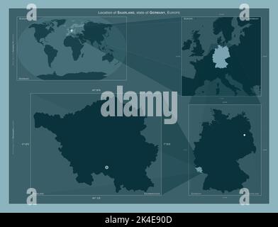 Sarre, État d'Allemagne. Schéma montrant l'emplacement de la région sur des cartes à plus grande échelle. Composition de cadres vectoriels et de formes PNG sur un solide ba Banque D'Images